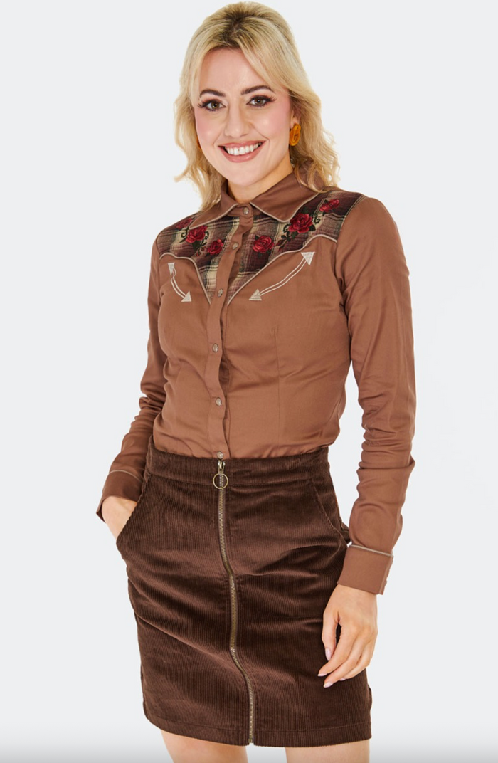 Retro Western-Bluse mit Stickerrei, Plaid Panel, Braun