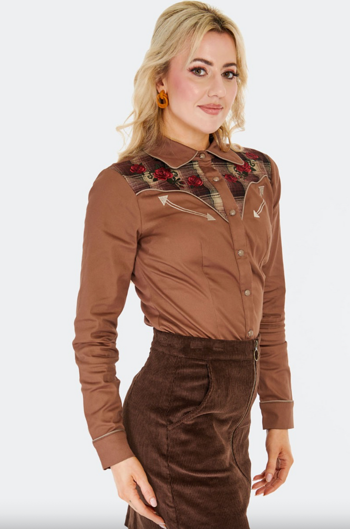 Retro Western-Bluse mit Stickerrei, Plaid Panel, Braun