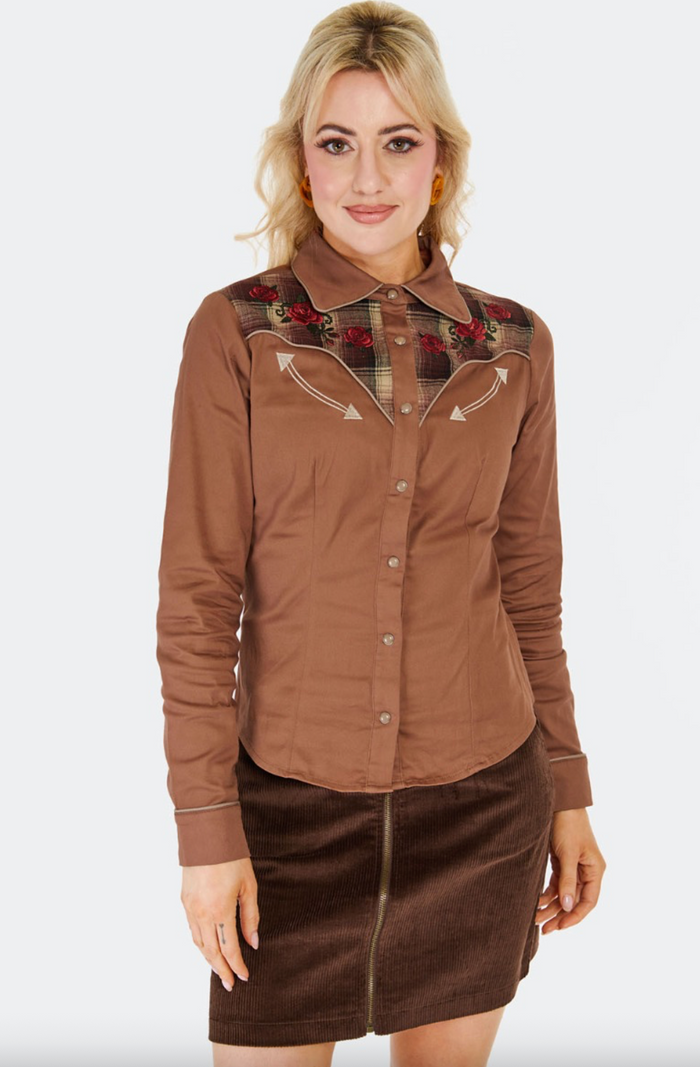 Retro Western-Bluse mit Stickerrei, Plaid Panel, Braun