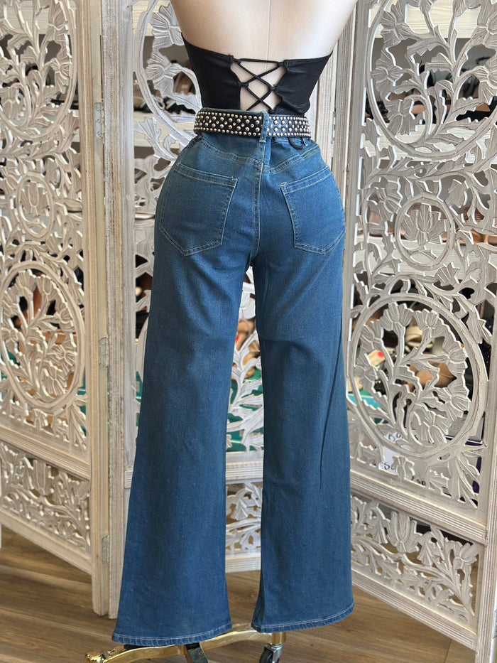 Rhinestone Dark Denim Wide Jeans - Stretchy, Estira