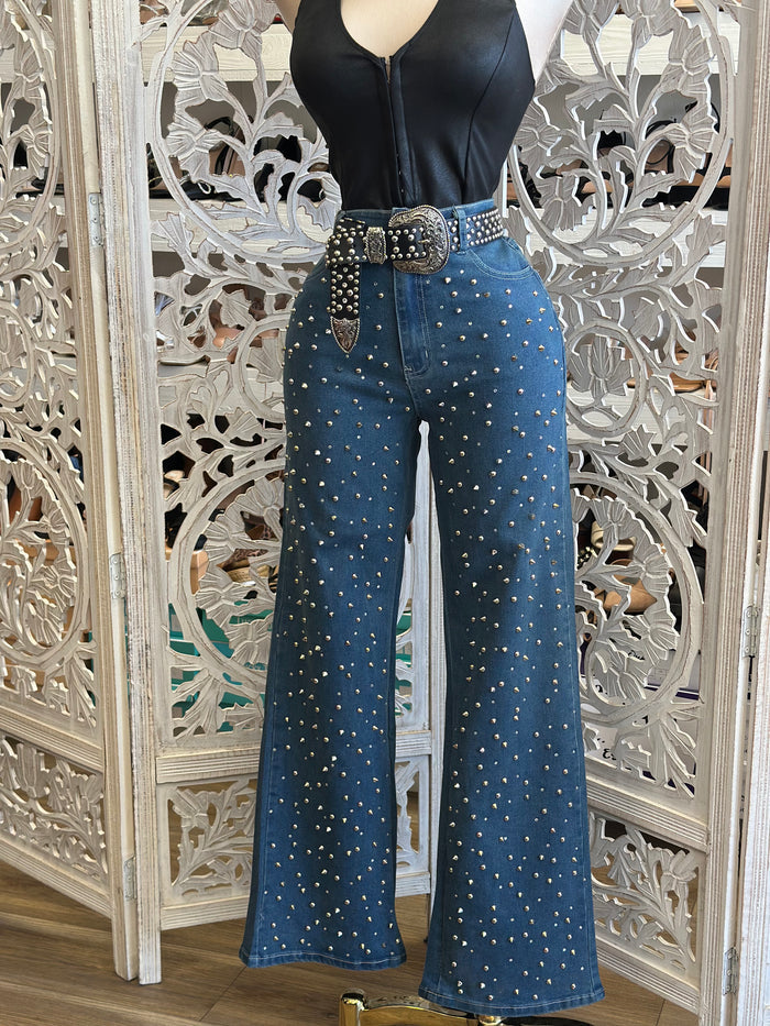 Rhinestone Dark Denim Wide Jeans - Stretchy, Estira