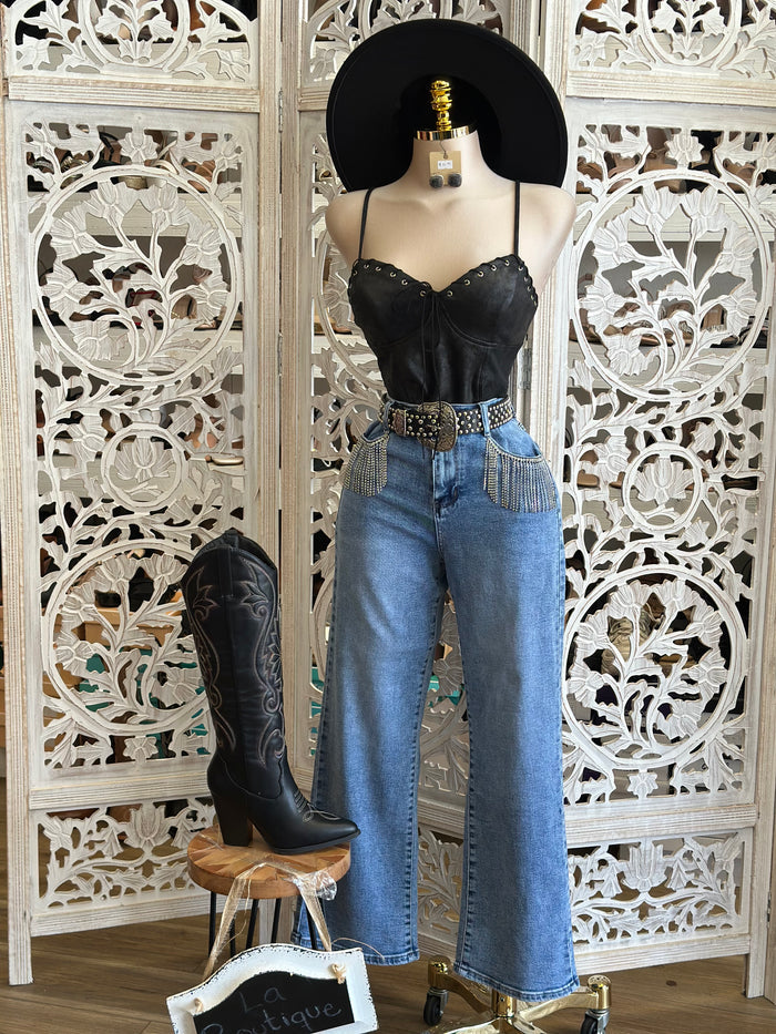 Rhinestone Fringe Denim Wide Jeans - Stretchy, Estira