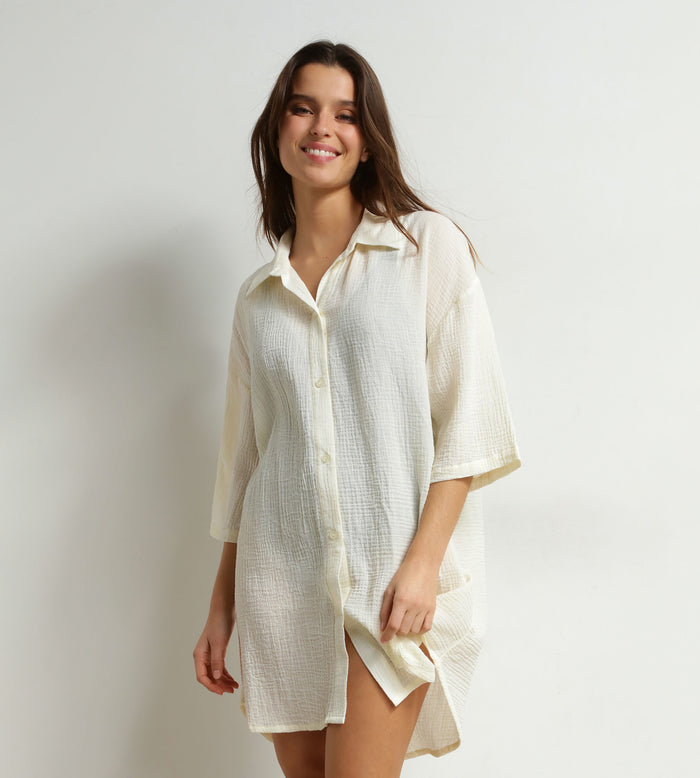 Robe de plage femme en gaze de coton Blanc Crème Dim