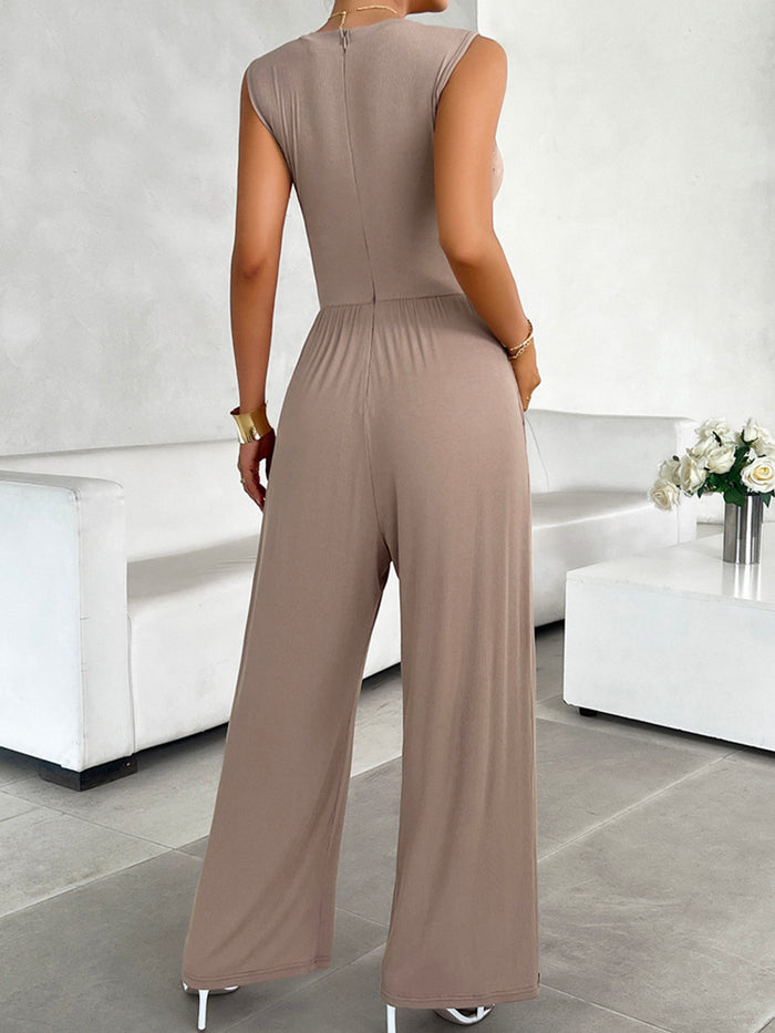 Round Neck Sleeveless Wide-Leg Ruched Jumpsuit