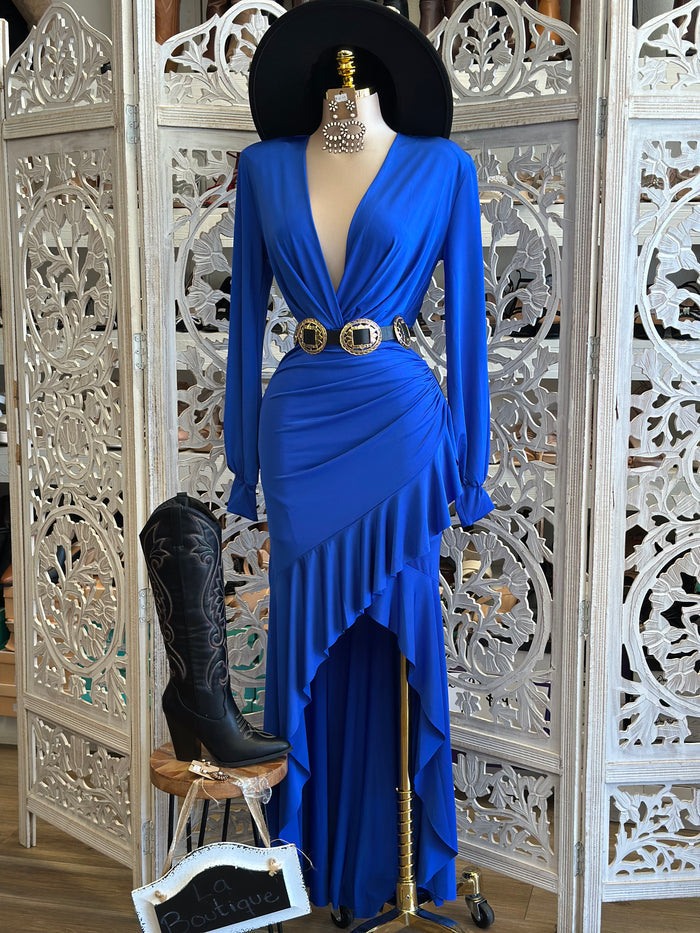 Royal Blue Asymmetrical Ruffle Dress-Estira, Stretchy