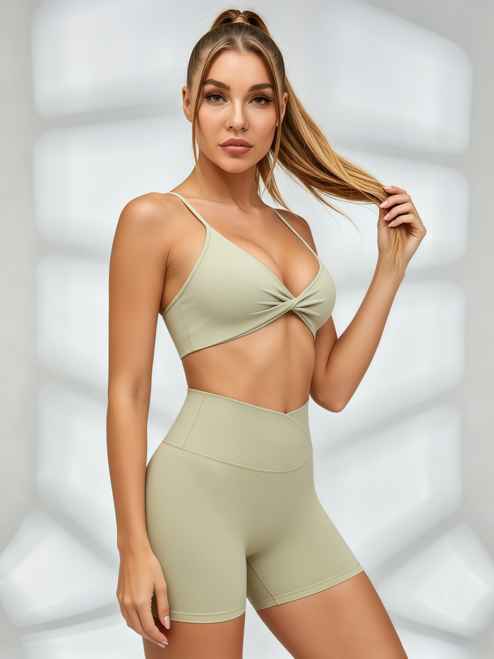 Sage Twist-Front Sports Bra & Crossover Waist Biker Short Set
