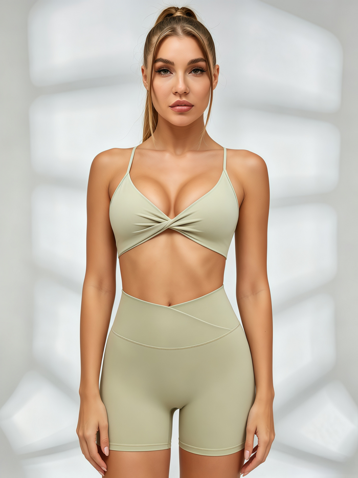 Sage Twist-Front Sports Bra & Crossover Waist Biker Short Set
