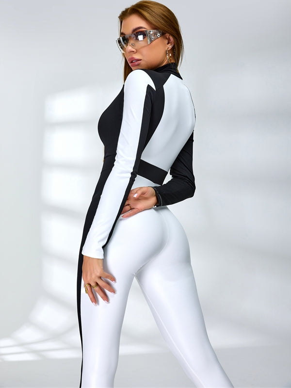 "SciFi Heroine" Contrast Color PU Half Zipper Jumpsuit