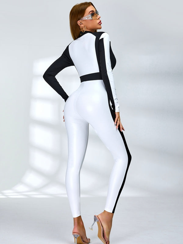 "SciFi Heroine" Contrast Color PU Half Zipper Jumpsuit