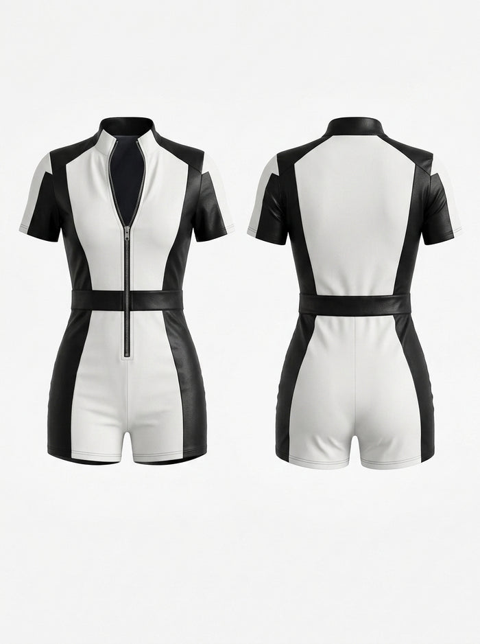 "SciFi Heroine" Contrast Color PU Zipper Short Romper