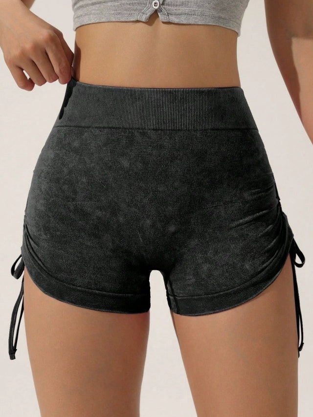 Scrunch Bum Deep V Back Drawstring Faux Denim Spandex Gym Booty Shorts