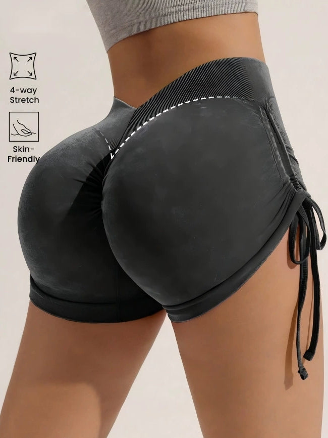 Scrunch Bum Deep V Back Drawstring Faux Denim Spandex Gym Booty Shorts