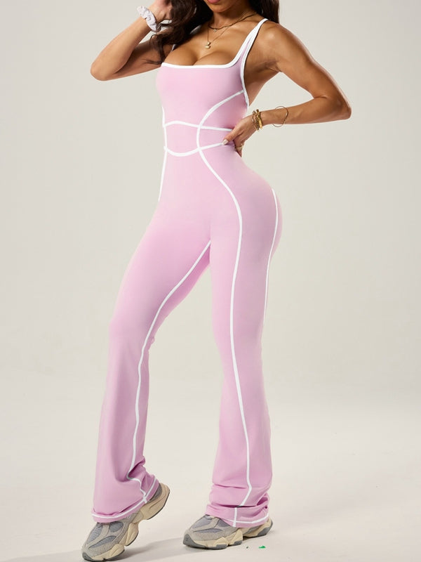 Sexy Contrast Color Stripes Cross Back Flare Jumpsuit