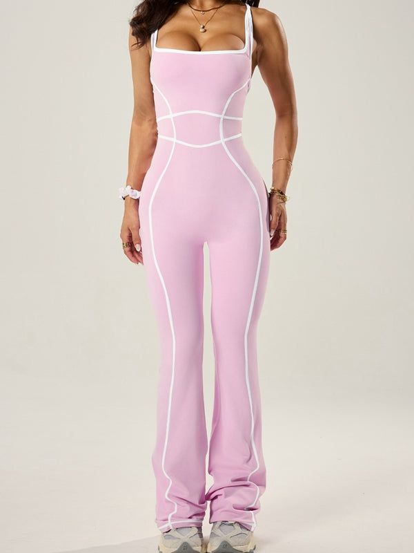 Sexy Contrast Color Stripes Cross Back Flare Jumpsuit