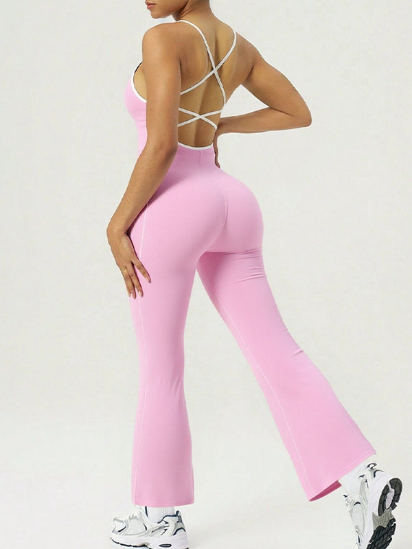 Sexy Contrast Color Stripes Cross Back Flare Jumpsuit