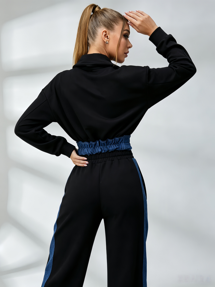 Sexy Denim Contrast Color Pocket Casual Tracksuit