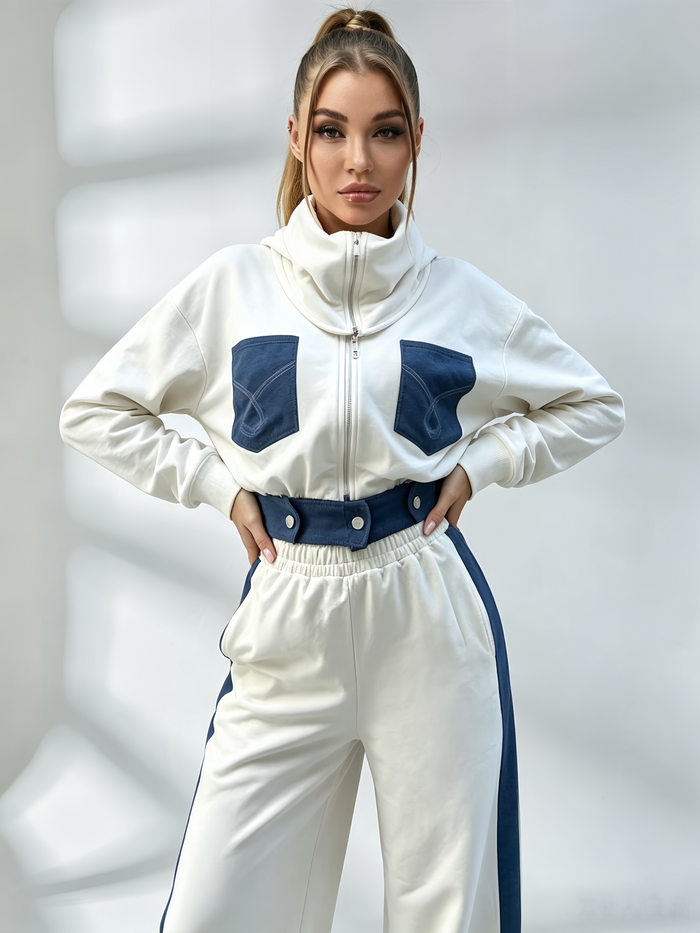 Sexy Denim Contrast Color Pocket Casual Tracksuit