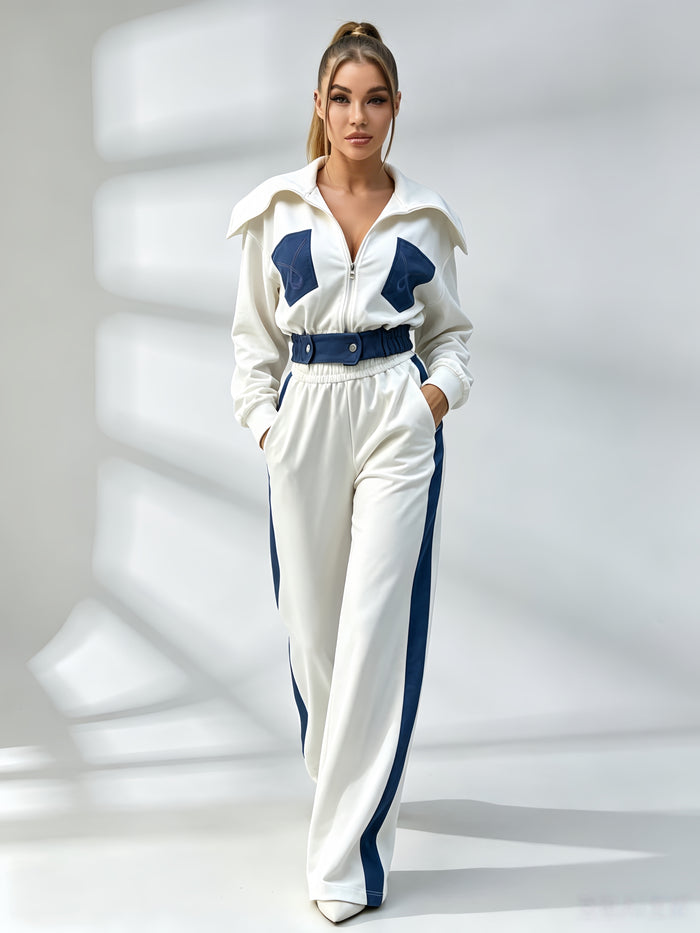 Sexy Denim Contrast Color Pocket Casual Tracksuit