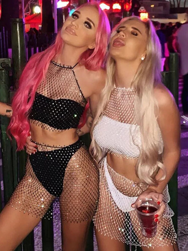 Sexy Diamond Fishnet Set Beach Dress Without Bikini