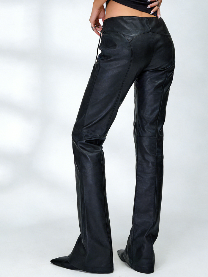 Sexy Faux Leather Push Up Design Lace-up Split Leggings
