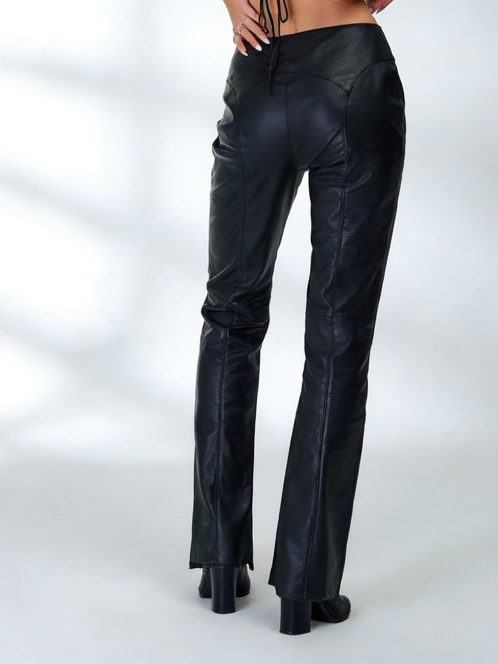 Sexy Faux Leather Push Up Design Lace-up Split Leggings