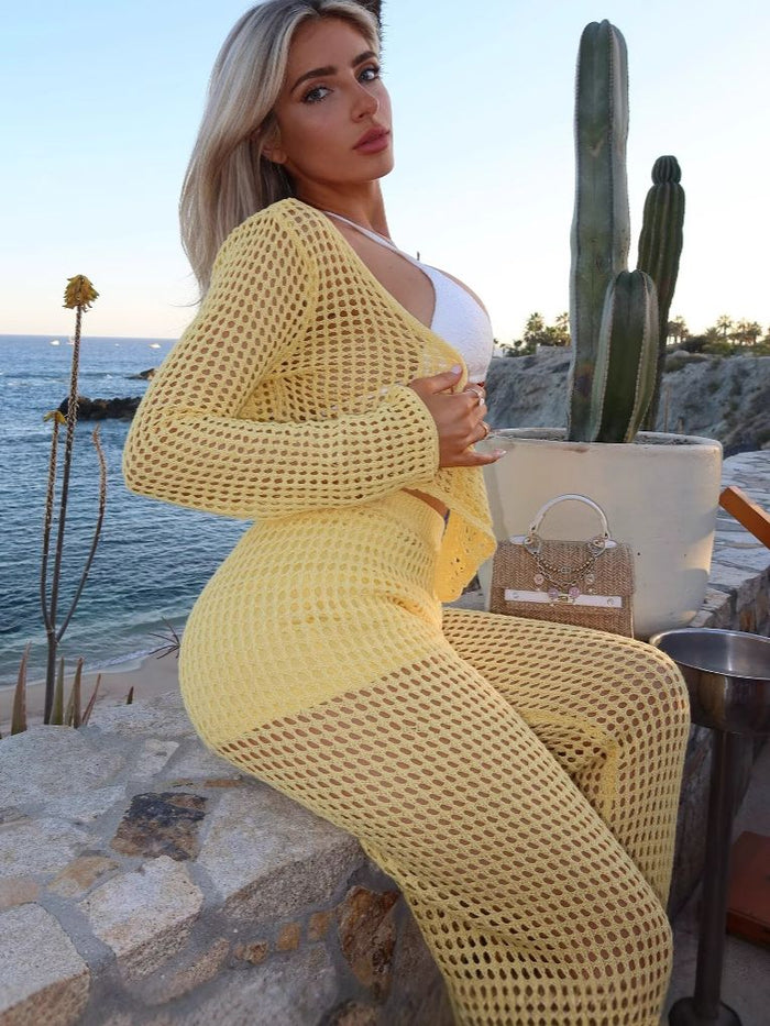Sexy Fishnet 2-Pieces Hollow Out Swimwear Cover-up Without Bikini