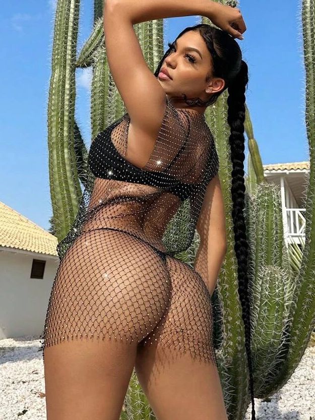 Sexy Fishnet Crystal Set Beach Dress Without Bikini