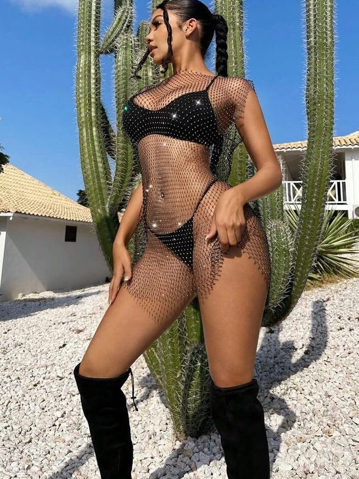 Sexy Fishnet Crystal Set Beach Dress Without Bikini