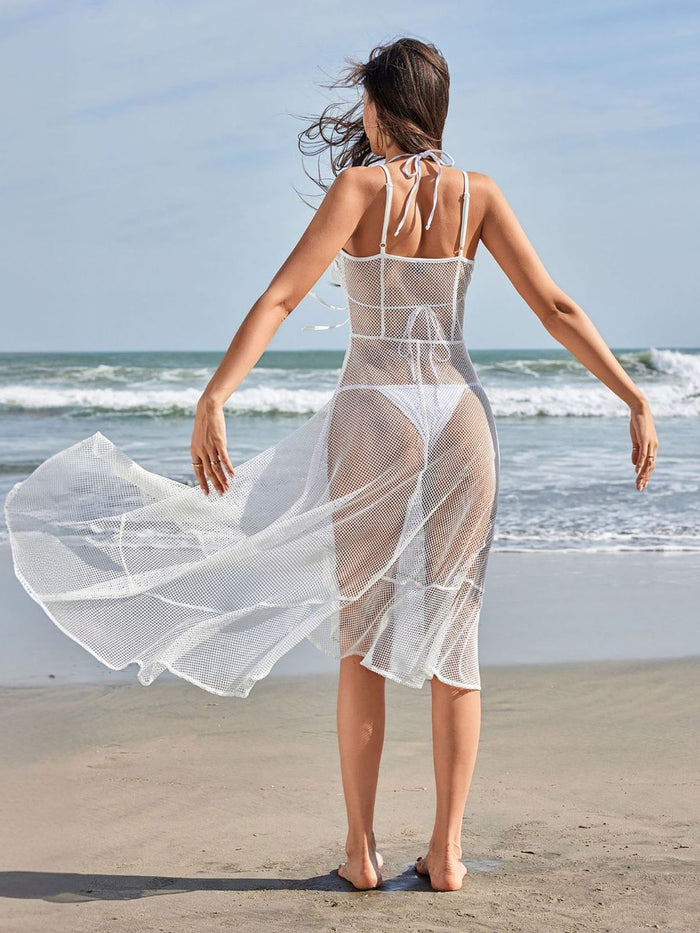 Sexy Fishnet Flower V-neck Swimwear Cover Dress Without Bikini