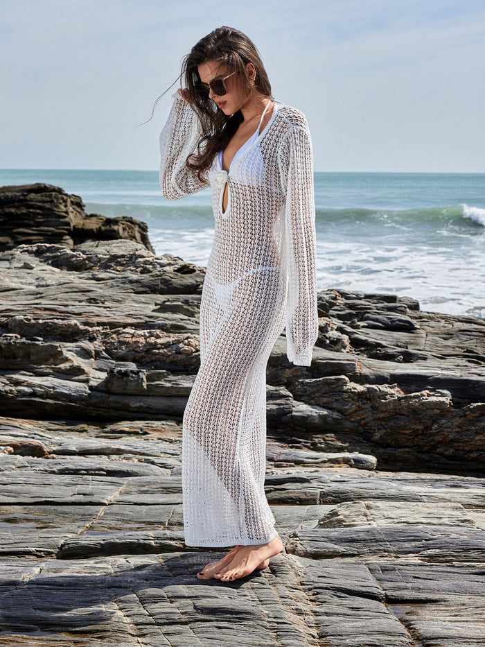 Sexy Fishnet Hollow Out Flower V-neck Swimwear Cover Dress Without Bikini