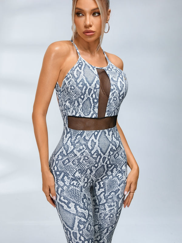 Sexy Fishnet Snake Print Backless Jumpsuits