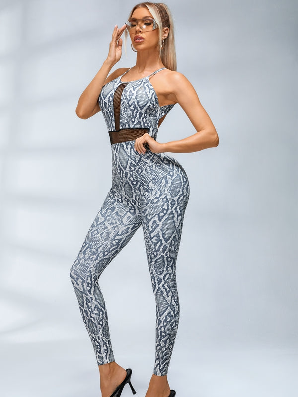 Sexy Fishnet Snake Print Backless Jumpsuits
