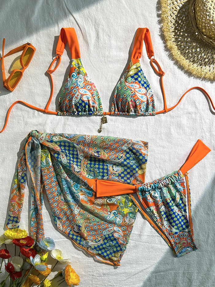 Sexy Flowers Print Contrast Color Mesh 3-Pieces Bikini Set