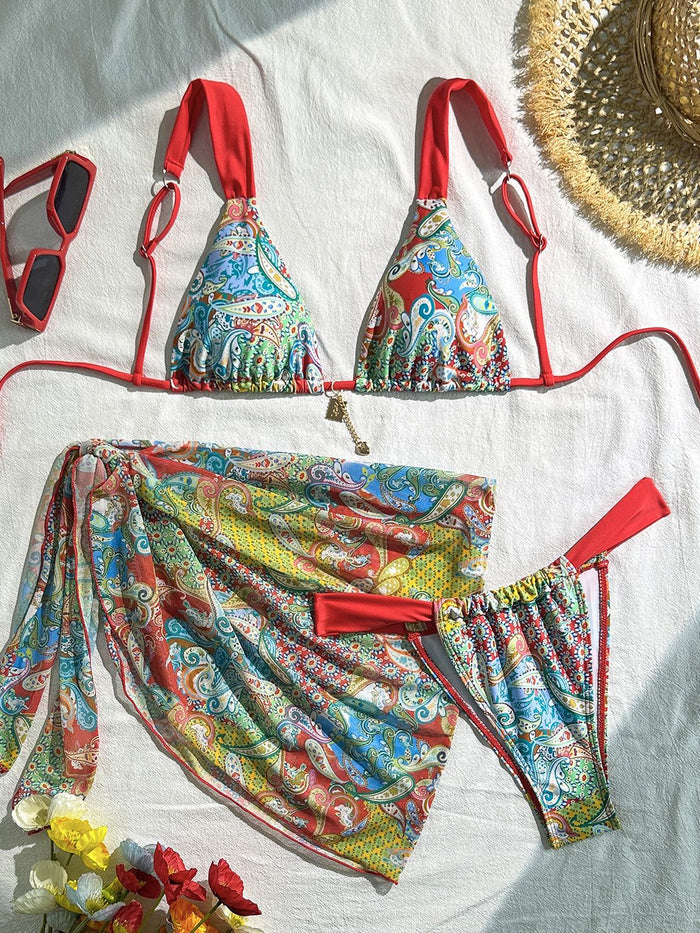 Sexy Flowers Print Contrast Color Mesh 3-Pieces Bikini Set