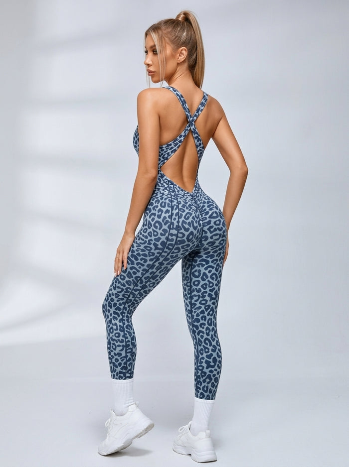 Sexy Leopard Print Cross Back Deep V Back Jumpsuit
