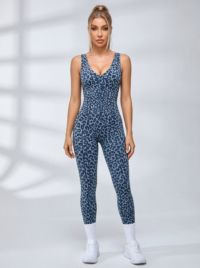 Sexy Leopard Print Cross Back Deep V Back Jumpsuit
