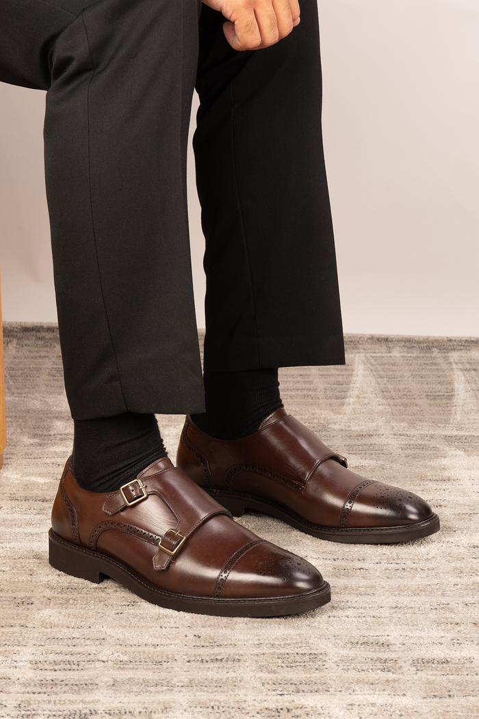 Shelby Brown monk strap brogue leather shoes for men, crafted from premium brown leather with classic brogue detailing for formal and smart wear.