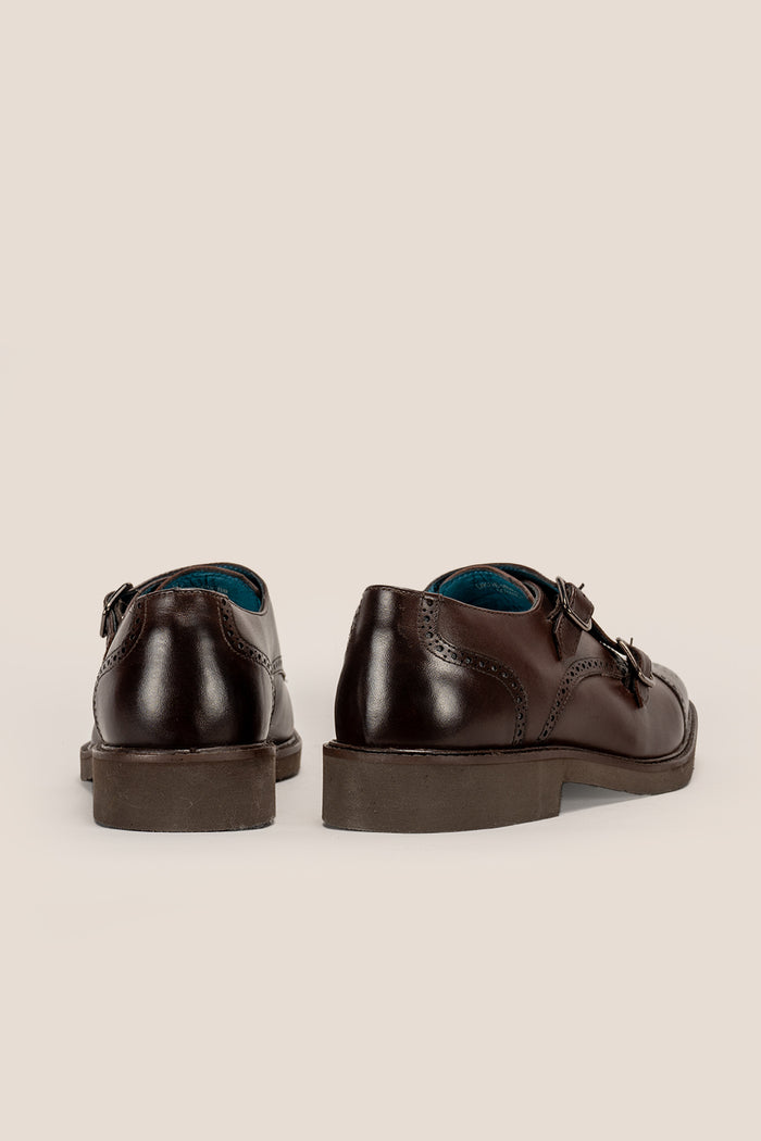 Shelby Brown monk strap brogue leather shoes for men, crafted from premium brown leather with classic brogue detailing for formal and smart wear.
