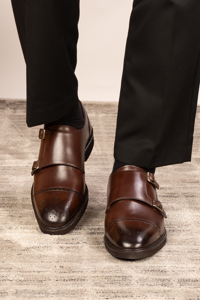 Shelby Brown monk strap brogue leather shoes for men, crafted from premium brown leather with classic brogue detailing for formal and smart wear.