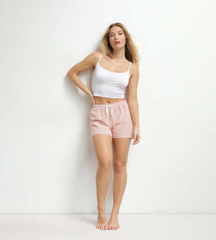 Short de pyjama femme vichy seersucker Abricot Écru Dim Nightwear