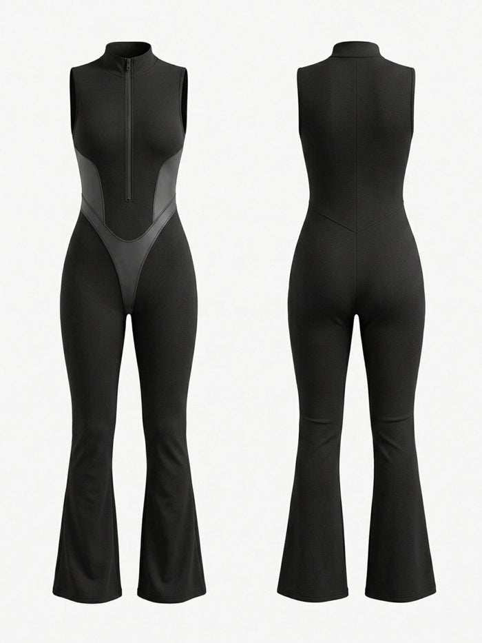 Sleeveless Half Zip Color Block Flared Jumpsuit
