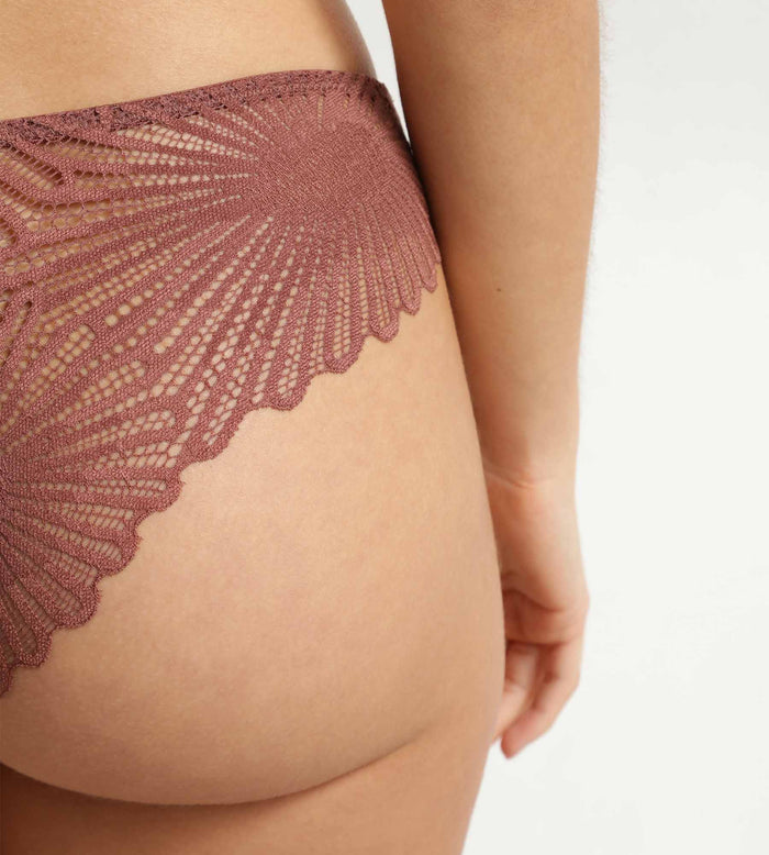Slip brésilien femme en satin et dentelle florale Marron Chocolove