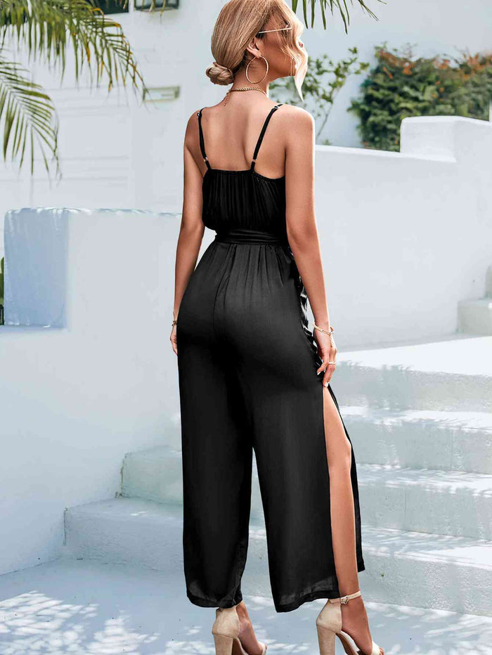 Slit Hem Tie Belt Spaghetti Strap Jumpsuit