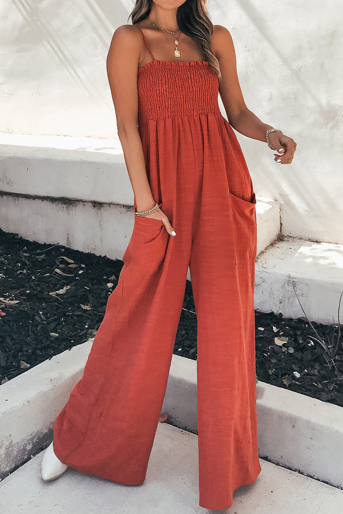 Smocked Spaghetti Strap Wide-Leg Pocketed Jumpsuit