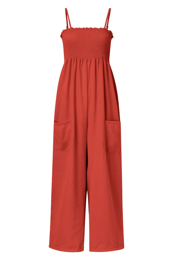 Smocked Spaghetti Strap Wide-Leg Pocketed Jumpsuit