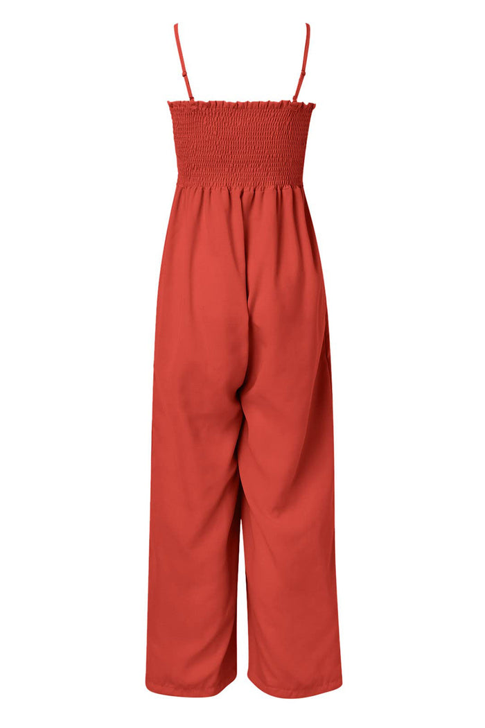 Smocked Spaghetti Strap Wide-Leg Pocketed Jumpsuit