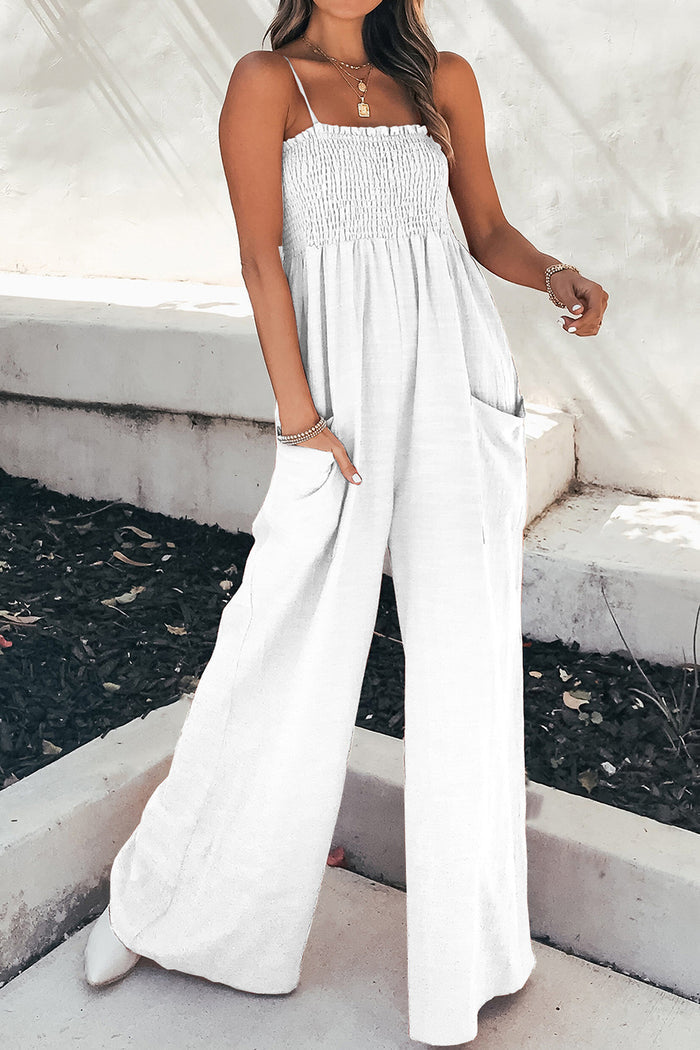 Smocked Spaghetti Strap Wide-Leg Pocketed Jumpsuit