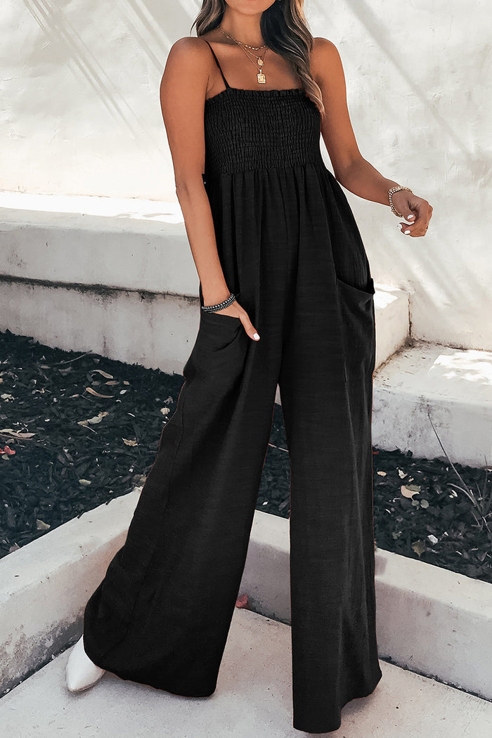 Smocked Spaghetti Strap Wide-Leg Pocketed Jumpsuit