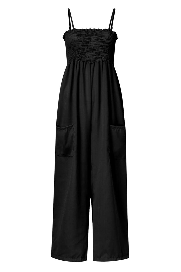 Smocked Spaghetti Strap Wide-Leg Pocketed Jumpsuit