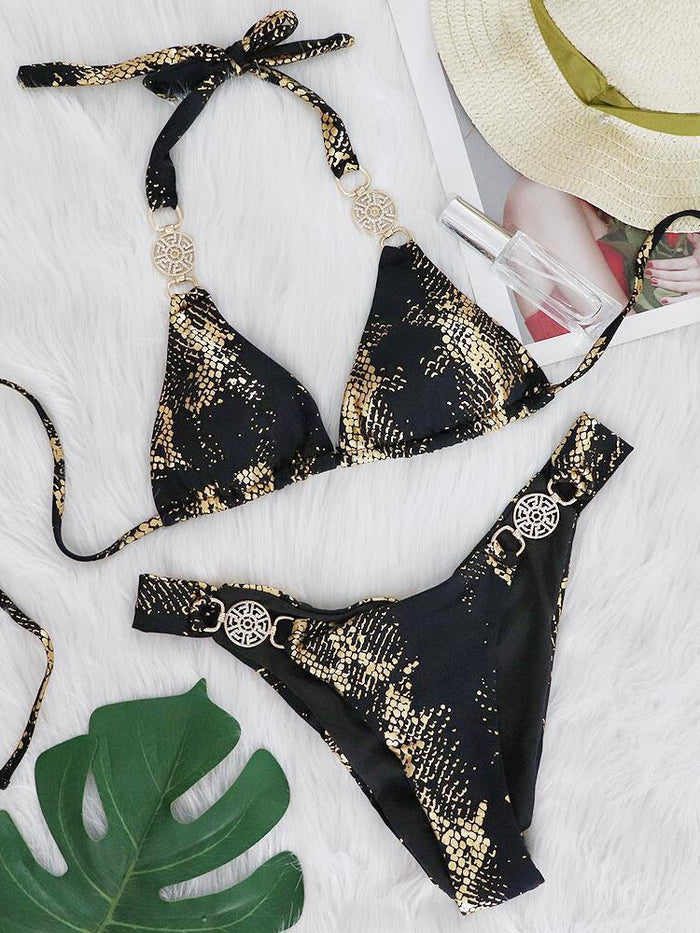 Snake Print Faux Leather Bikini Set